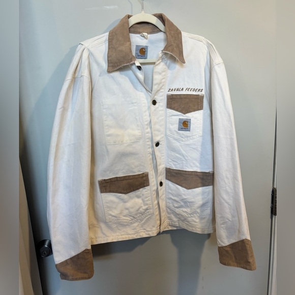 Carhartt Jacket Cream Canvas Brown Cord Collar Barn Coat - Picture 1 of 9